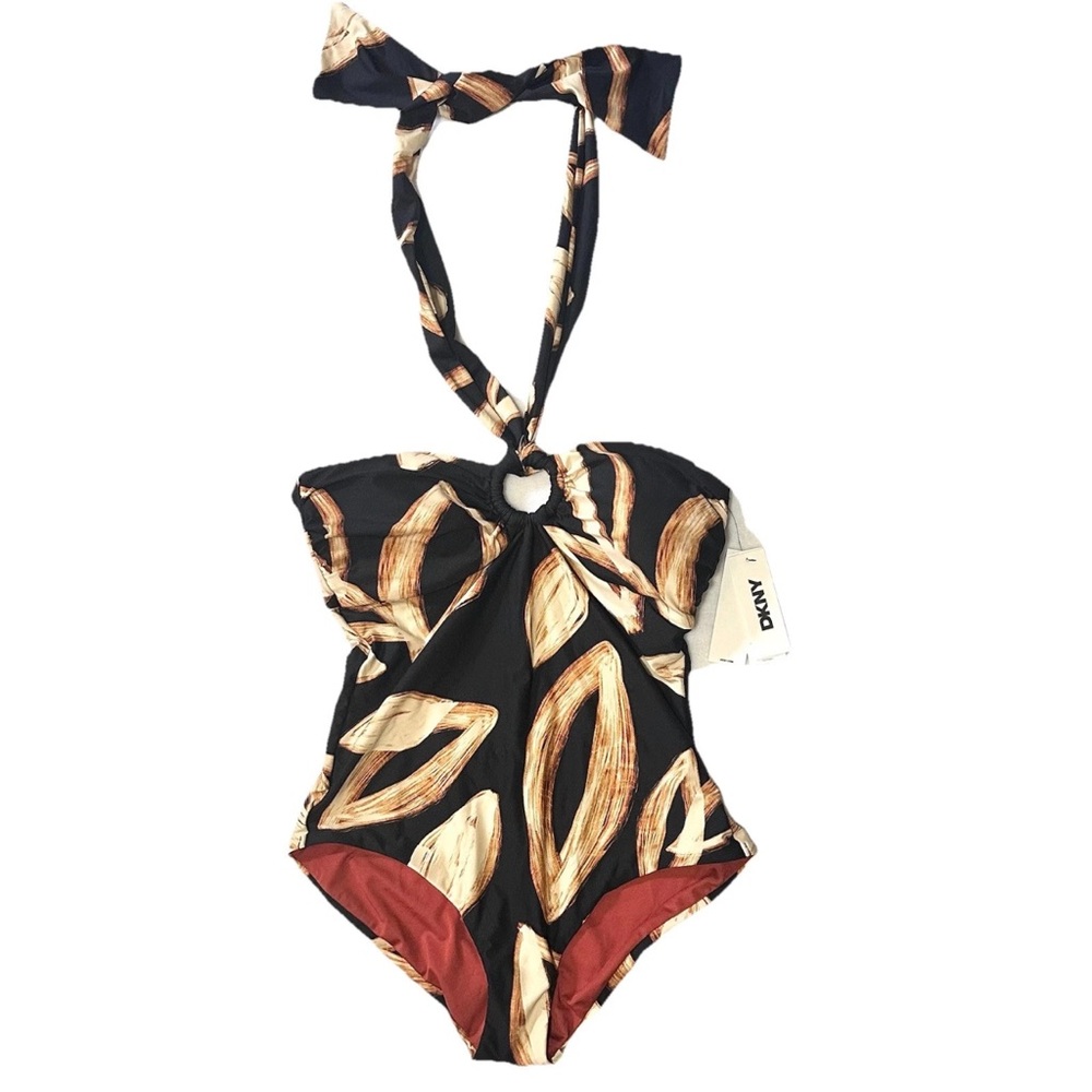 New DKNY One Piece Swimsuit Large Black Brown Leaf Botanical V Neck Tie Keyhole